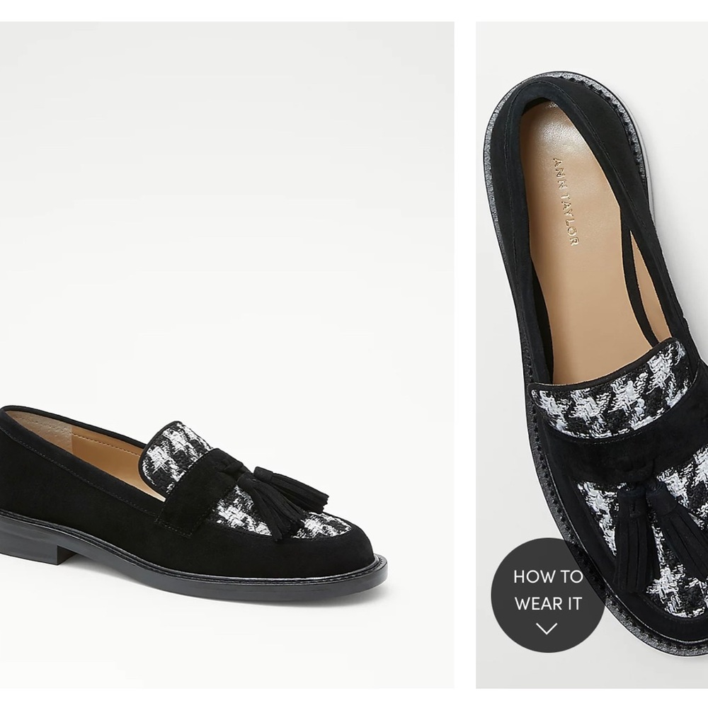 Ann Taylor Houndstooth Print Chunky Tassel Suede Loafers